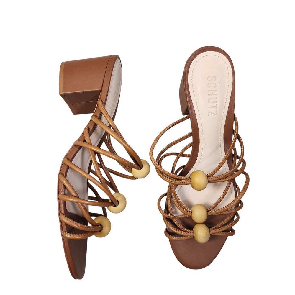 Schutz Womens Roanna Strappy Wood-Bead Slide Sandals Brown‎ Block Heel